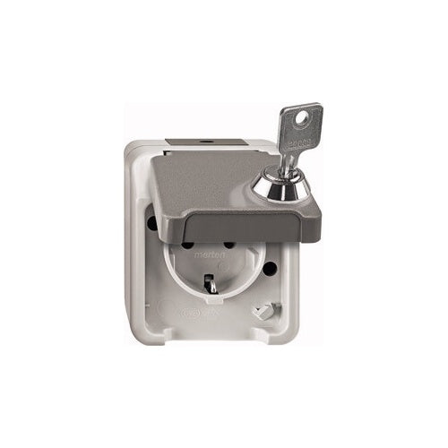 Merten MEG2422-8029. Buchsen-Typ: CEE 7/3, Unterstützte Stecker-Typen: CEE 7/4. Produktfarbe: Grau, Internationale Schutzart (IP-Code): IP44. Eingangsspannung: 250 V, Stromstärke (maximal): 16 A. Breite: 73 mm, Tiefe: 70 mm, Höhe: 83 mm (MEG2422-8029) afbeelding 1