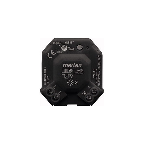 Merten MEG5300-0001. Typ: Dimmer. Bauform: Eingebaut, Produktfarbe: Schwarz, Zertifizierung: CE. AC Eingangsspannung: 230 V, AC Eingangsfrequenz: 50 Hz, Ohmsche Last (max): 200 W. Breite: 39,5 mm, Tiefe: 20 mm, Höhe: 44,5 mm (MEG5300-0001) afbeelding 1
