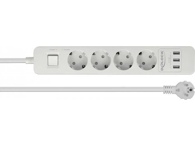 DeLOCK Extension Socket - Verlängerungsschnur - Wechselstrom 250 V - 4000 Watt - Eingabe, Eingang CEE 7/7 - Ausgangsanschlüsse: 4 (3 x USB Typ A, 4 x CEE 7/3) - 1,5m - weiß (11206) afbeelding 1