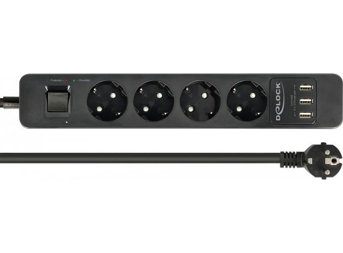 DeLOCK Extension Socket - Verlängerungsschnur - Wechselstrom 250 V - 4000 Watt - Eingabe, Eingang CEE 7/7 - Ausgangsanschlüsse: 4 (3 x USB Typ A, 4 x CEE 7/3) - 1,5m - Schwarz (11209) afbeelding 1
