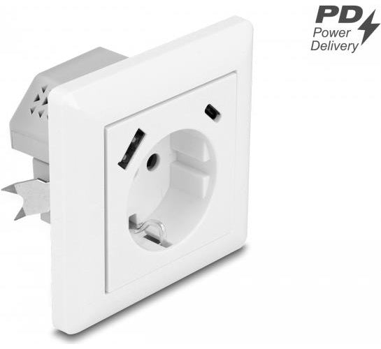 Delock - Steckdose - mit PD 3,0, 18 W - 2P+E - Typ F, USB, USB Typ-C - mit Verschluss - einfach - 1 Steckdose, 1 USB-Anschluss, 1 USB-C socket - 3 A - weiß (11499) afbeelding 1