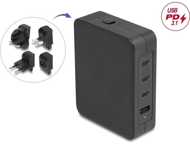 Delock USB GaN Ladegerät 3 x Type-C PD 3.1 und 1 Typ-A mit 145 W inklusive (41473) afbeelding 1