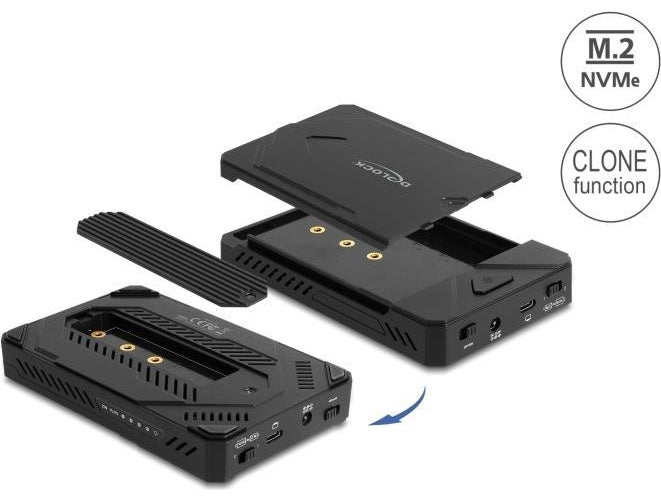 Delock - Speichergehäuse - für 1 x M.2 NVMe SSD + 1 x 2.5" SATA SSD / HDD, USB Typ C, mit Klonfunktion - 2.5", M.2 (6,4 cm) - M.2 NVMe Card / SATA 6Gb/s - USB4 - Schwarz (42020) afbeelding 1