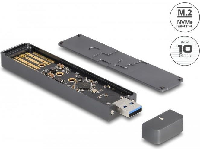 Delock - Speichergehäuse - externes Gehäuse für M.2 NVME PCIe SSD oder SATA SSD mit USB 10 Gbps Typ-A-Stecker - M.2 - M.2 NVMe Card / SATA 6Gb/s - USB 3,2 (Gen 2) - Grau (42021) afbeelding 1