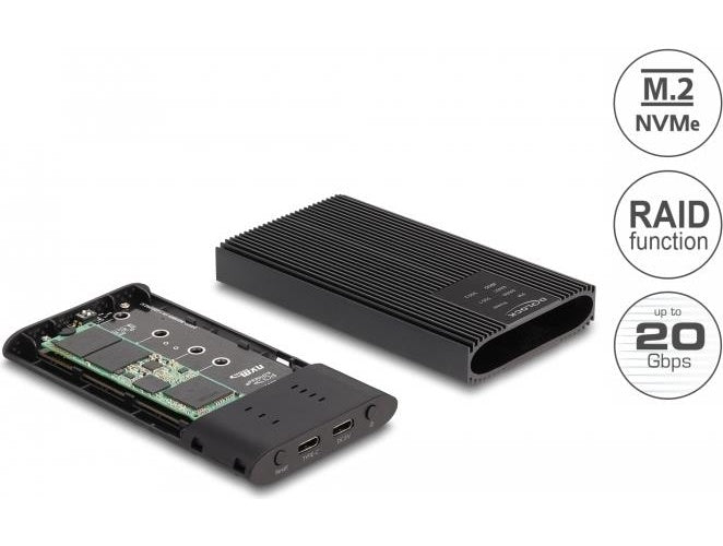 Delock - Speichergehäuse - M.2 - M.2 NVMe Card / PCIe (NVMe) - RAID JBOD, RAID 0, 1 - USB 3,2 (Gen 2x2) - Schwarz (42022) afbeelding 1