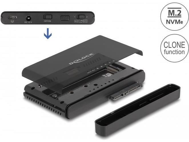 Delock - Speicher-Controller mit One-Touch-Klonen - 2.5" / 3.5" gemeinsam genutzt, M.2 (6,4 cm/8,9 cm gemeinsam genutzt) - M.2 NVMe Card / SATA 6Gb/s - USB 3,2 (Gen 2) - Schwarz (64190) afbeelding 1