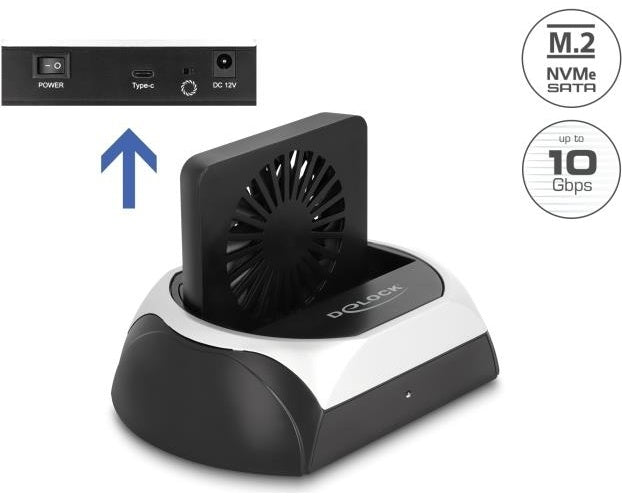 Delock - HDD / SSD Dockingstation - 10 Gbps, mit Lüfter mit 8cm Kühllüfter Schächte: 1 - 2,5" / 3,5" gemeinsam genutzt, M.2 (6,4 cm/8,9 cm gemeinsam genutzt) - M.2 NVMe Card / SATA 6Gb/s - USB-C 3,2 (Gen 2) - Schwarz, Grau (64280) afbeelding 1