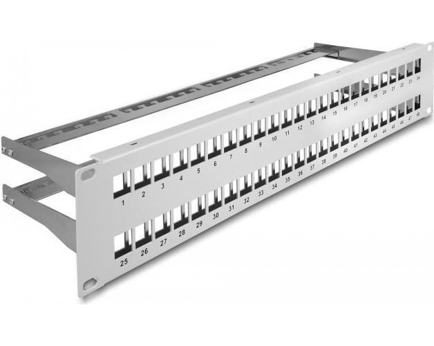 Delock - Patchpanel (Blindblech) - mit Zugentlastungen - Rack montierbar - Grau - 2U - 48.3 cm (19") - 48 Ports afbeelding 1