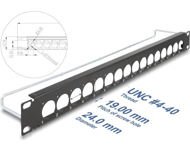 Delock 19" D-Typ Patchpanel mit Entlastungsschiene 16 Port 1 HE schwarz (67058) afbeelding 1