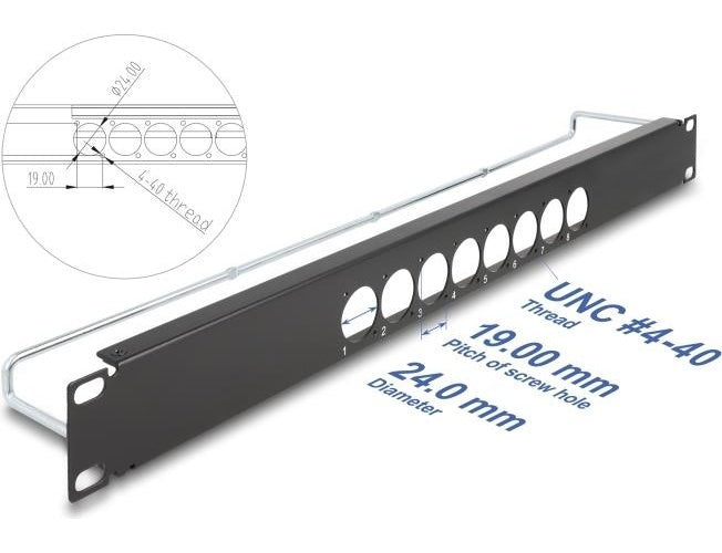 Delock 19" D-Typ Patchpanel mit Entlastungsschiene 8 Port mittig 1 HE schwarz (67060) - 4043619670604 - image 1