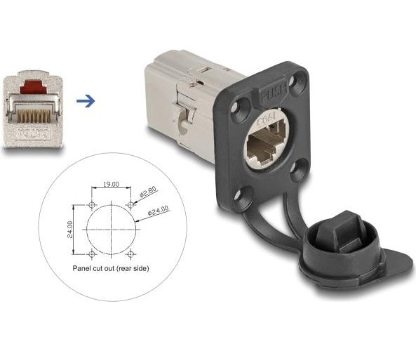 Delock D-Typ RJ45 Einbaubuchse Kupplung Cat.6A STP mit Schutzkappe IP66 (67061) - 4043619670611 - image 1