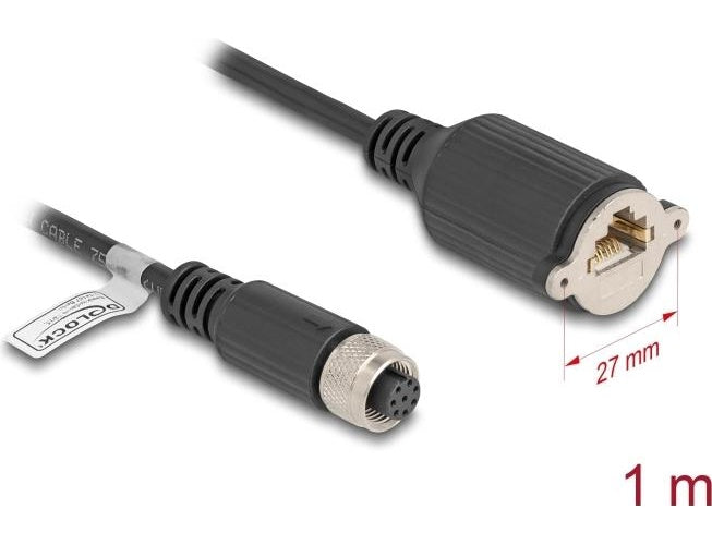 Delock - Netzwerkkabel - 8-polig M12 (W) zu RJ-45 (W) schraubbar - 1,0m - 6,8 mm - FTP - CAT 5e - A-kodiert - Schwarz (80433) afbeelding 1