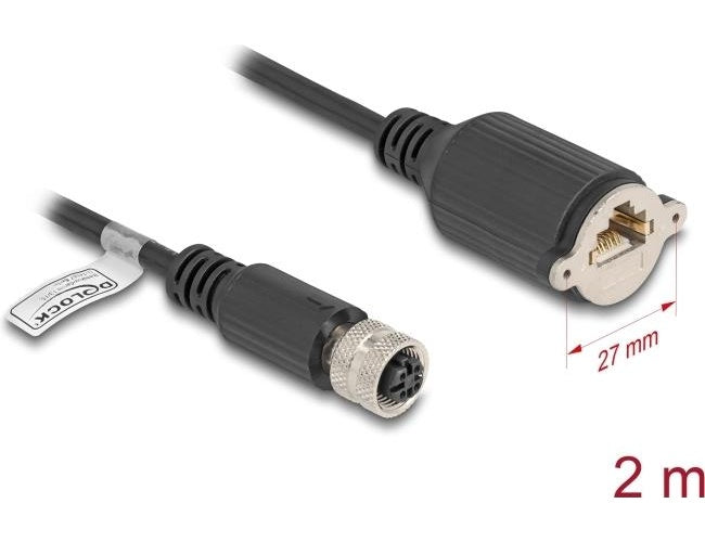 Delock - Netzwerkkabel - 4-polig M12-D (W) zu RJ-45 (W) schraubbar - 2,0m - 6,8 mm - FTP - CAT 5e - geformt, verseilt - Schwarz (80453) - 4043619804535 - image 1