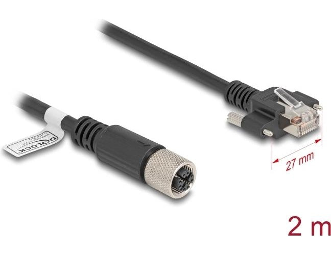 Delock - Netzwerkkabel - 8 pin M12-X (W) zu RJ-45 (M) schraubbar - 2,0m - 6,8 mm - S/FTP - CAT 6a - geformt, verseilt - Schwarz (80457) afbeelding 1