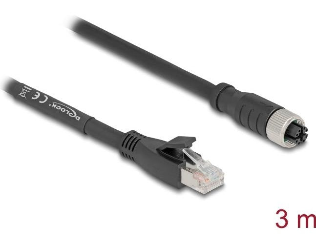 Delock M12 Kabel X-kodiert 8 Pin Buchse zu RJ45 Stecker Cat.5e S/FTP flexibel 3 m schwarz (80591) afbeelding 1