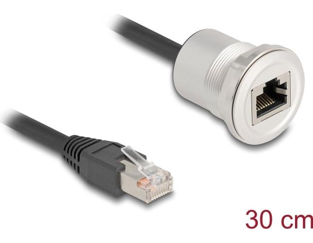 Delock - Netzwerkverlängerungskabel - RJ-45 (M) zu RJ-45 (W) Paneel montierbar - 30cm - 6 mm - STP - CAT 5e - M25 Gewinde - Schwarz/Silber (88187) - 4043619881871 - image 1