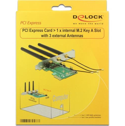 DeLOCK PCI Express Card > 1 x internal M.2 Key A Slot with 3 external Antennas - Interne Bus-Erweiterung (89568) afbeelding 1