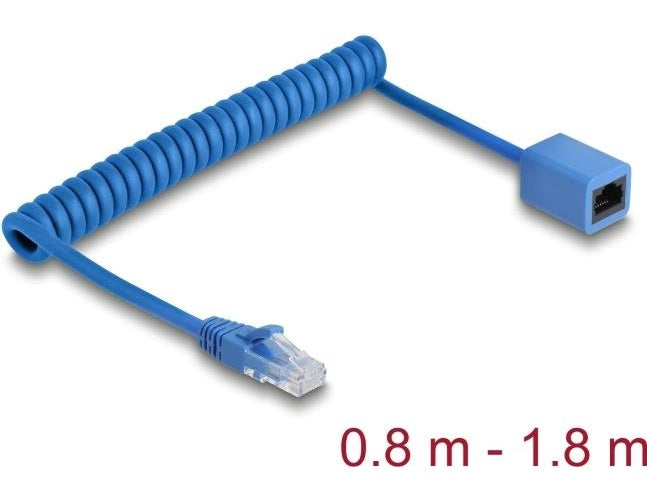 Delock RJ45 Spiralkabel Stecker zu Buchse Cat.6 UTP 0.8 m bis 1.8 blau (90366) - 4043619903665 - image 1