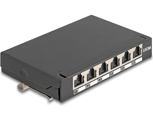 Delock Mini Desktop Patchpanel RJ45 Buchse 6 Port Cat.6A geschirmt schwarz - zur Montage an (90379) afbeelding 1
