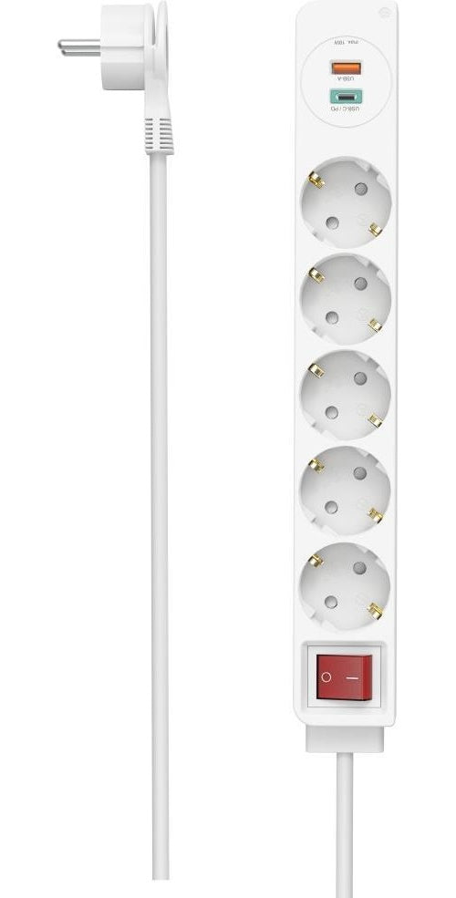 Hama Steckdosenleiste, 5-fach, USB-C/A 18W, PD/QC, Schalter, Flachst., 1,4 m, W (00223186) afbeelding 1