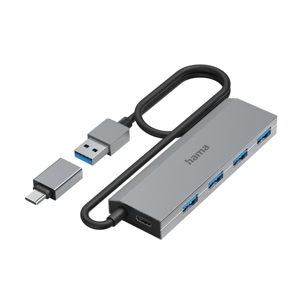 Hama USB Hub 4-Port USB 3.2 Gen1 5 Gbit/s Inc. USB-C Adapter and Power Adapter