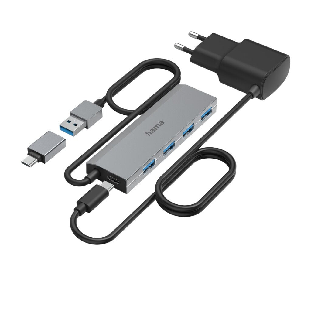 Hama USB Hub 4-Port USB 3.2 Gen1 5 Gbit/s Inc. USB-C Adapter and Power Adapter
