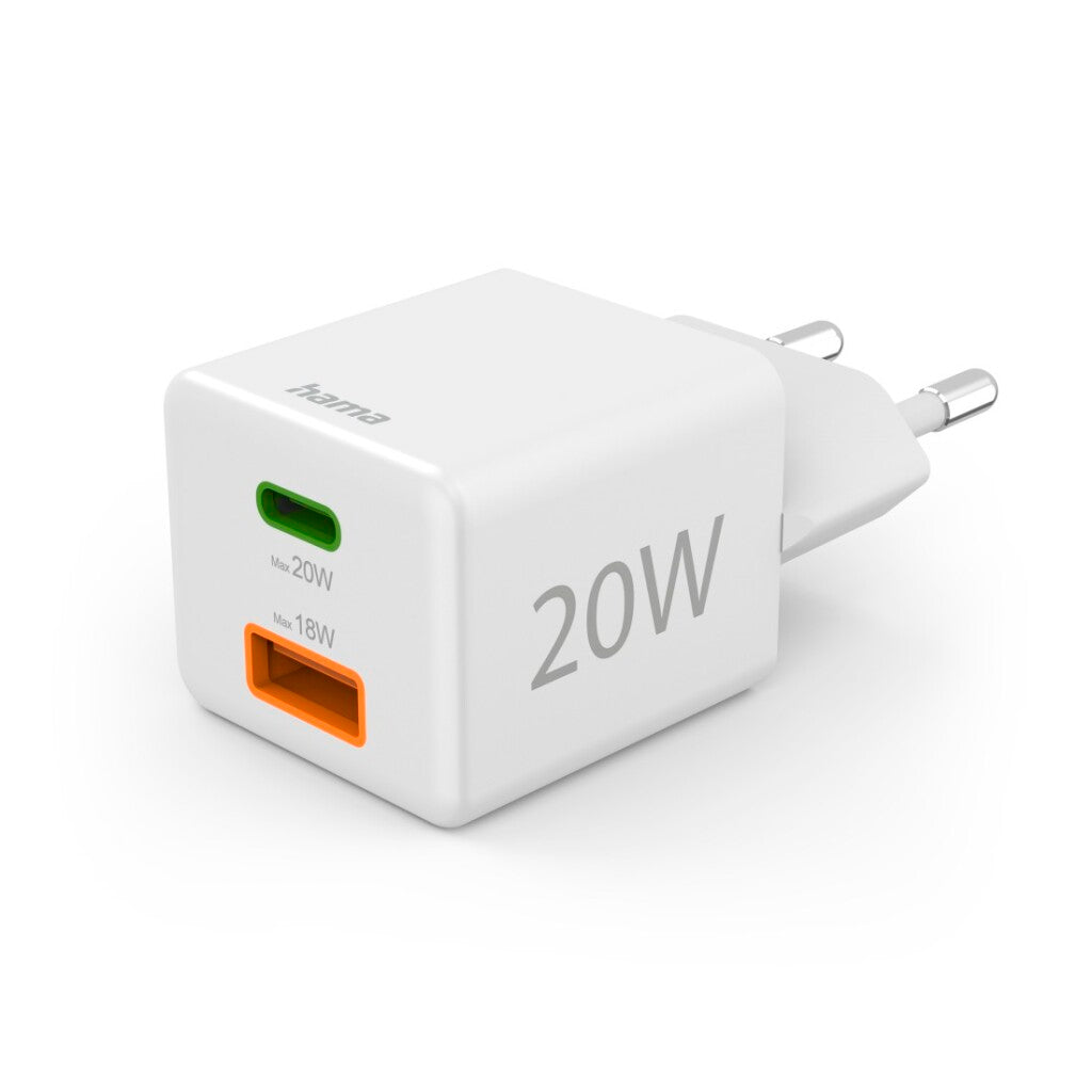 Hama Fast Charger 1x USB-C PD 1x USB-A QC Mini Charger 20 W White
