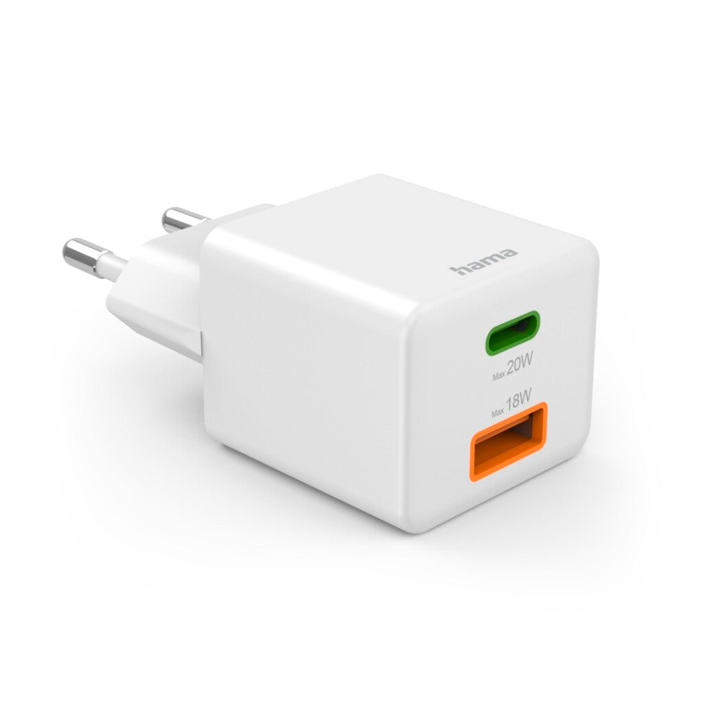 Hama Fast Charger 1x USB-C PD 1x USB-A QC Mini Charger 20 W White