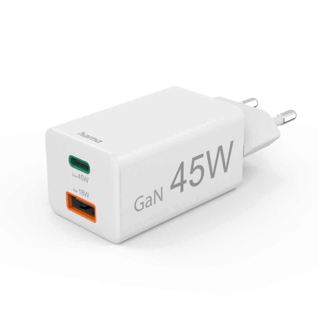 Hama Fast Charger 1x USB-C PD 1x USB-A QC Mini Charger 45 W White
