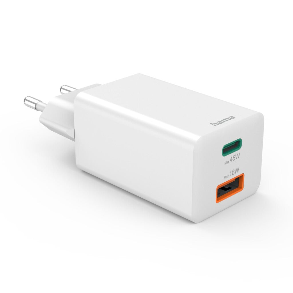 Hama Fast Charger 1x USB-C PD 1x USB-A QC Mini Charger 45 W White