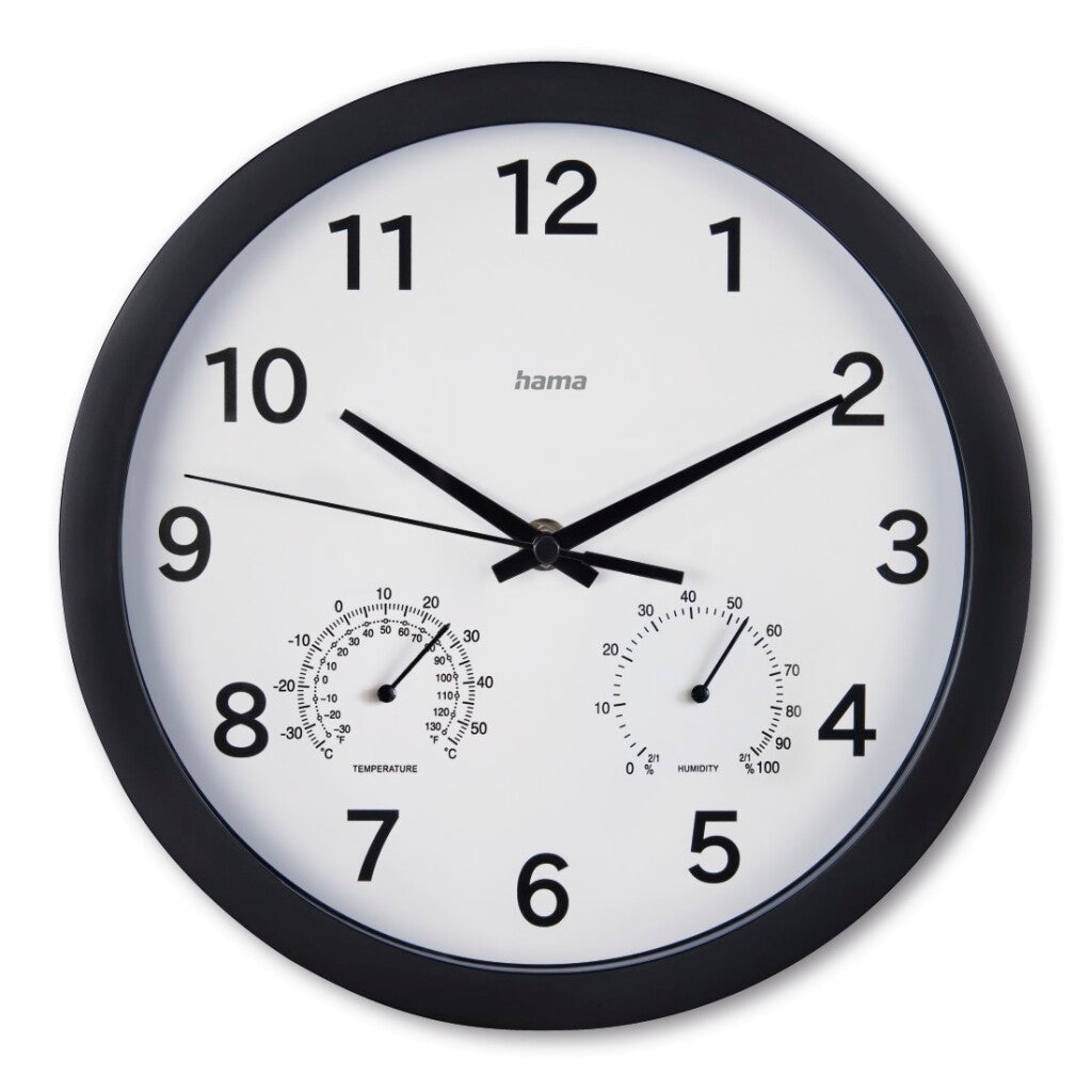 Hama Wall Clock Malta Non-Ticking 25 cm with Thermo-Hygrometer - Black/White