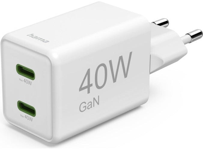 Hama Schnellladegerät, GaN, 2x USB-C, Super-Mini-Ladegerät, PD, 40 W, Weiß (00201989) afbeelding 1