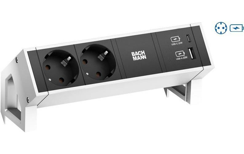 Bachmann DESK2 Steckdosenleiste, Farbe weiss, ähnlich RAL9010, 2xSchutzkontaktsteckdosen schwarz, 1xUSB A&C 22W Lader, Zuleitung 0,2m H05VV-F3G1,5mm² schwarz mit GST18i3 Stecker, inkl. Haltewinkel, verpackt im Karton (902.932) afbeelding 1