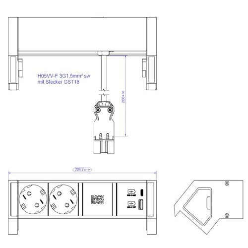 Bachmann DESK2 Steckdosenleiste, Farbe weiss, ähnlich RAL9010, 2xSchutzkontaktsteckdosen schwarz, 1xUSB A&C 22W Lader, Zuleitung 0,2m H05VV-F3G1,5mm² schwarz mit GST18i3 Stecker, inkl. Haltewinkel, verpackt im Karton (902.932) afbeelding 2