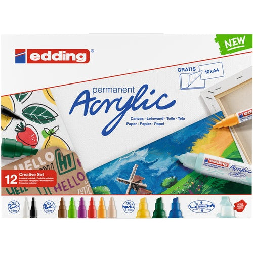 Edding Acrylic Schwarz - Blau - Grün - Hellblau - Hellgrün - Pink - Violett - Rot - Weiß - Gelb 12 Stück(e) (4-CS12B) afbeelding 1