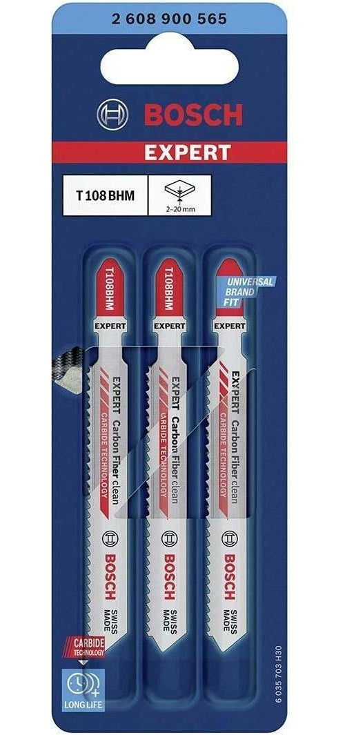 Bosch Expert Carbon Fiber Clean T 108 BHM - Stichsägenblatt - für glasfaserverstärkter Kunststoff, kohlefaserverstärkter Kunststoff, faserverstärkter Kunststoff - 3 Stücke - T-Schaft - Länge: 92 mm afbeelding 1