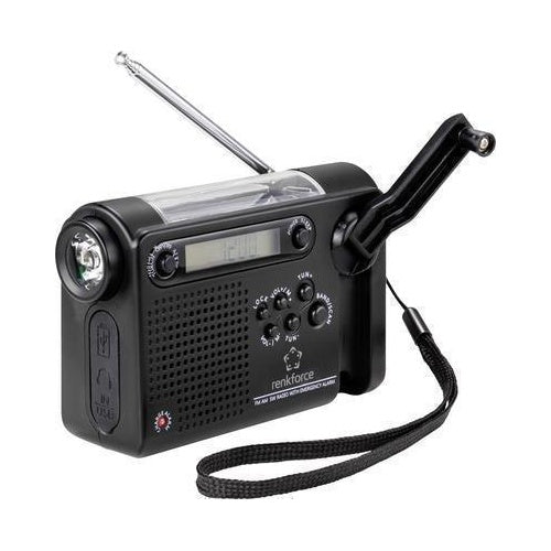 Renkforce RF-CR-200 Kofferradio UKW, MW, KW wiederaufladbar, Solarpanel, Handkurbel, Weckfunktion, Taschenlampe Schwarz (RF-4694806) afbeelding 1