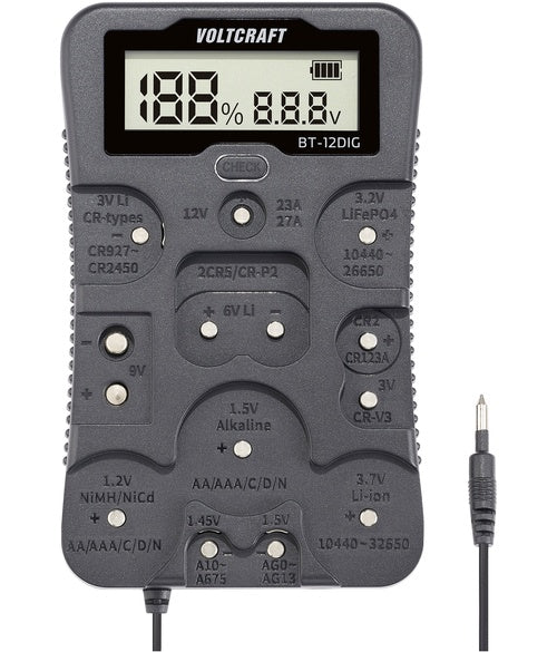 VOLTCRAFT Batterietester BT-12DIG Messbereich (Batterietester) 1,2 V, 1,5 V, 3 V, 3,7 V, 6 V, 9 V, 12 V Batterie, Akku VC-14340820 (VC-14340820) - 4064161259307 - image 1