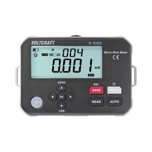 Voltcraft R-1000 Mikroohmmeter   <br><br>R-1000 Micro Ohm Meter<br><br>Messbereich: 1 ?? - 300,0 k?<br>Misst den Widerstand von Leitern, Schaltern, Verbindern, Sch?tzen, Sicherungen, Spulen und Transformatoren<br>4-Draht-Messung<br>Messgesc afbeelding 1
