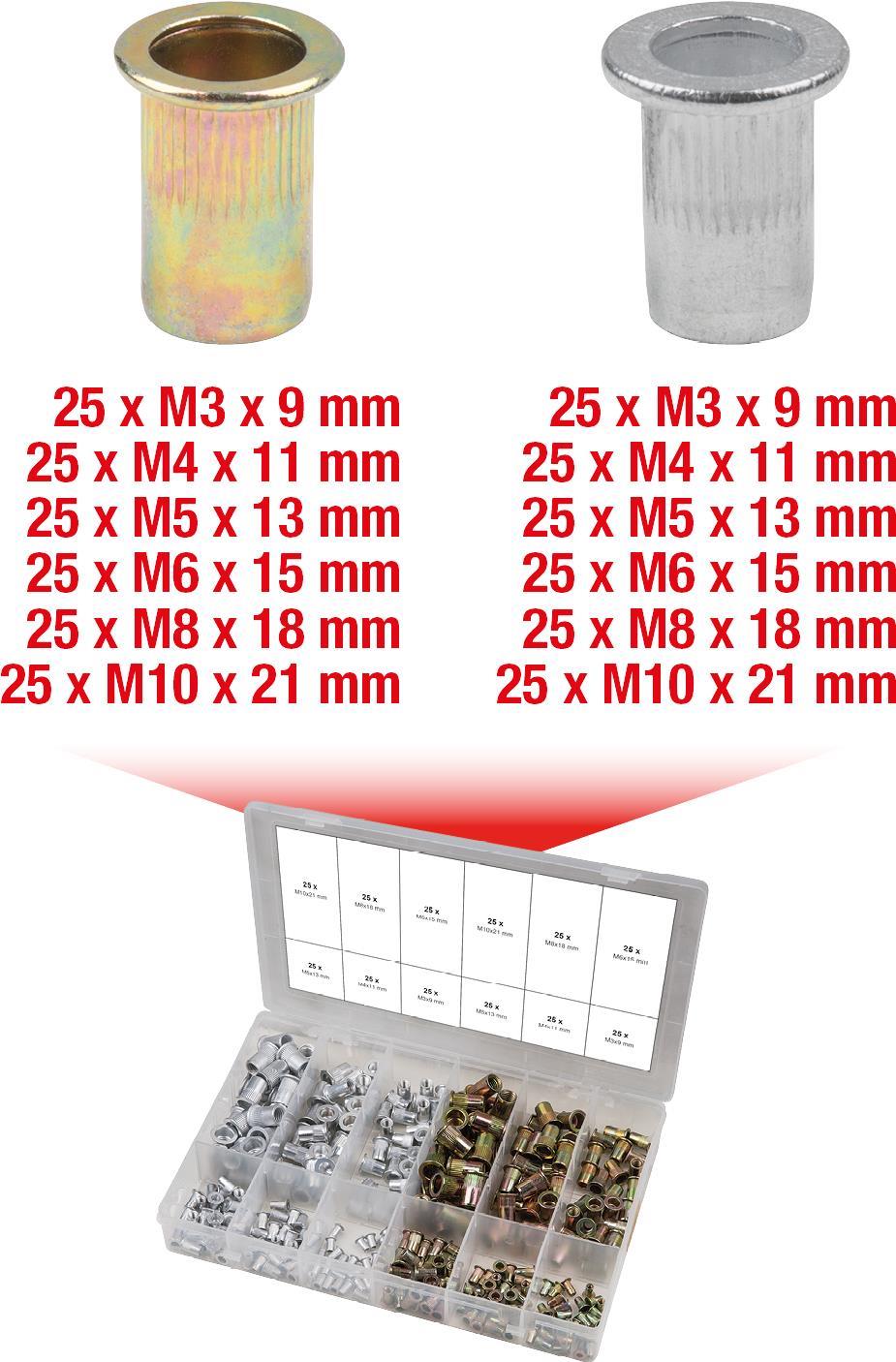 KS TOOLS Assortment of Threaded Rivets - Steel and Aluminum - M3x9mm to M10x21mm - 300 Pieces (970.0630)