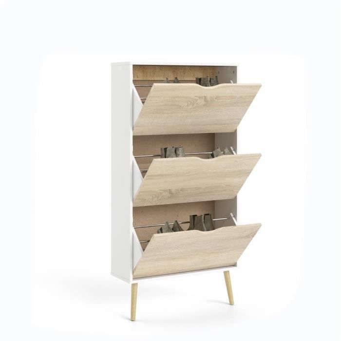 Shoe Cabinet - White/Oak - 12 Pairs - Solid Wood Flared Legs - 70.2 x 23.9 x 138.9 cm - ARO