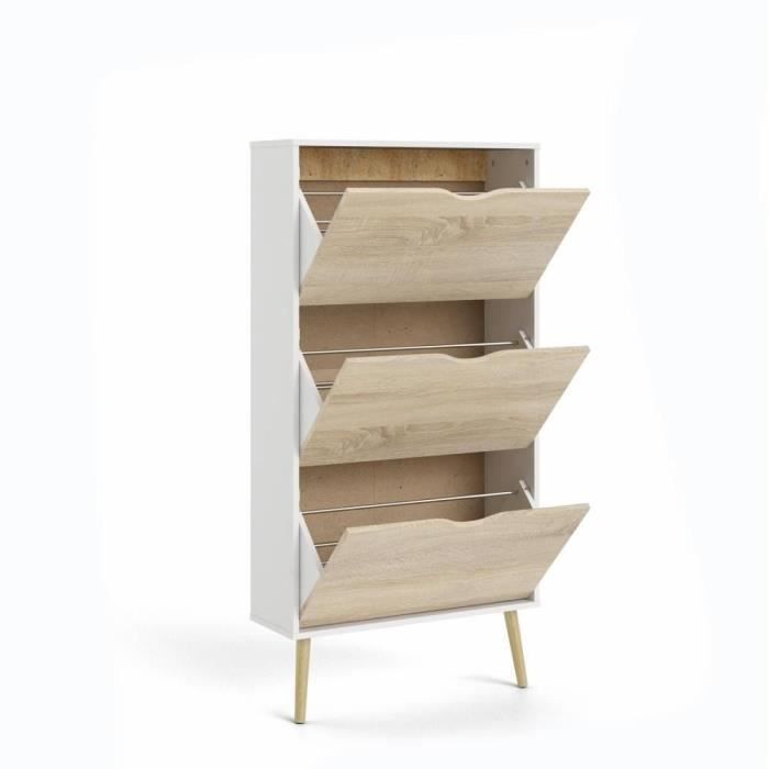 Shoe Cabinet - White/Oak - 12 Pairs - Solid Wood Flared Legs - 70.2 x 23.9 x 138.9 cm - ARO
