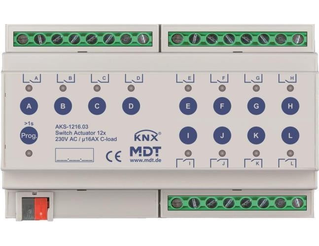 MDT - Schaltaktor 12-fach 8TE REG 230VAC 16A C-Last 140uF (AKS-1216.03) afbeelding 1