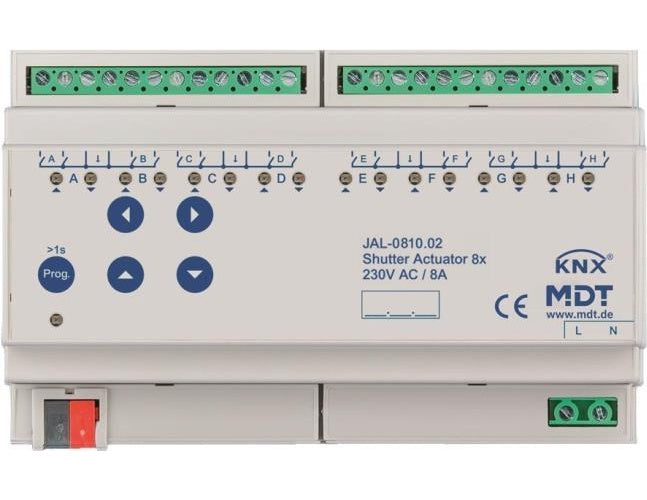 MDT - Jalousieaktor 8-fach 8TE REG 10A für Rollladenmotoren 230VAC bis 600W (JAL-0810.02) afbeelding 1