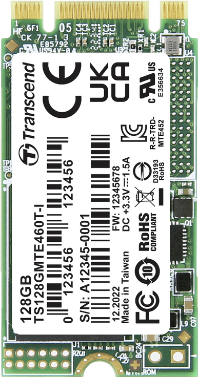 Transcend TS128GMTE460T-I SSD 128GB M.2 2242 PCIe Gen3x2 NVMe 3D TLC BiCS5 DRAM-less (TS128GMTE460T-I)