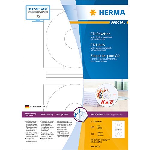 HERMA Special CD/DVD Paper Labels Permanent Self-Adhesive White 166 mm Round 200 Labels (4471)