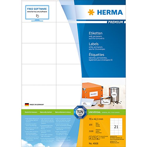 HERMA SuperPrint Label - White - 42.3 x 70 mm - 2100 pcs. (100 sheets x 21) (4668)