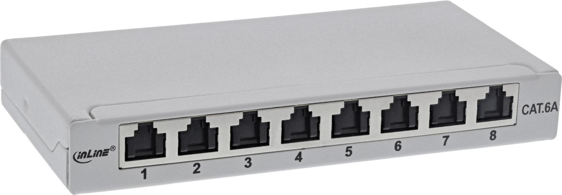 InLine® Cat.6A 0.5U 8-Port Patch Panel, Grey, Desktop/Wall/DIN Rail Mounting (76818A)