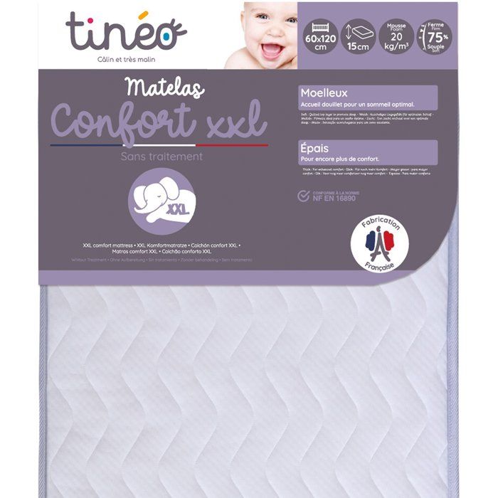 Matelas Bébé Confort XXL TINEO 60x120x15cm - Sans Traitement - Fabriqué En France - Garantie 2 Ans