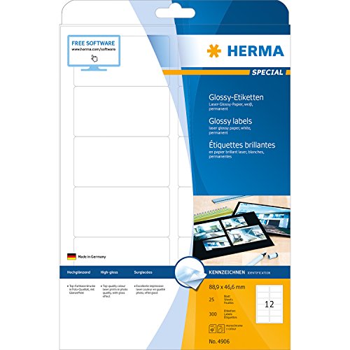 HERMA High-Gloss Self-Adhesive Paper Labels A4 88.9 x 46.6 mm - 300 Labels (4906)